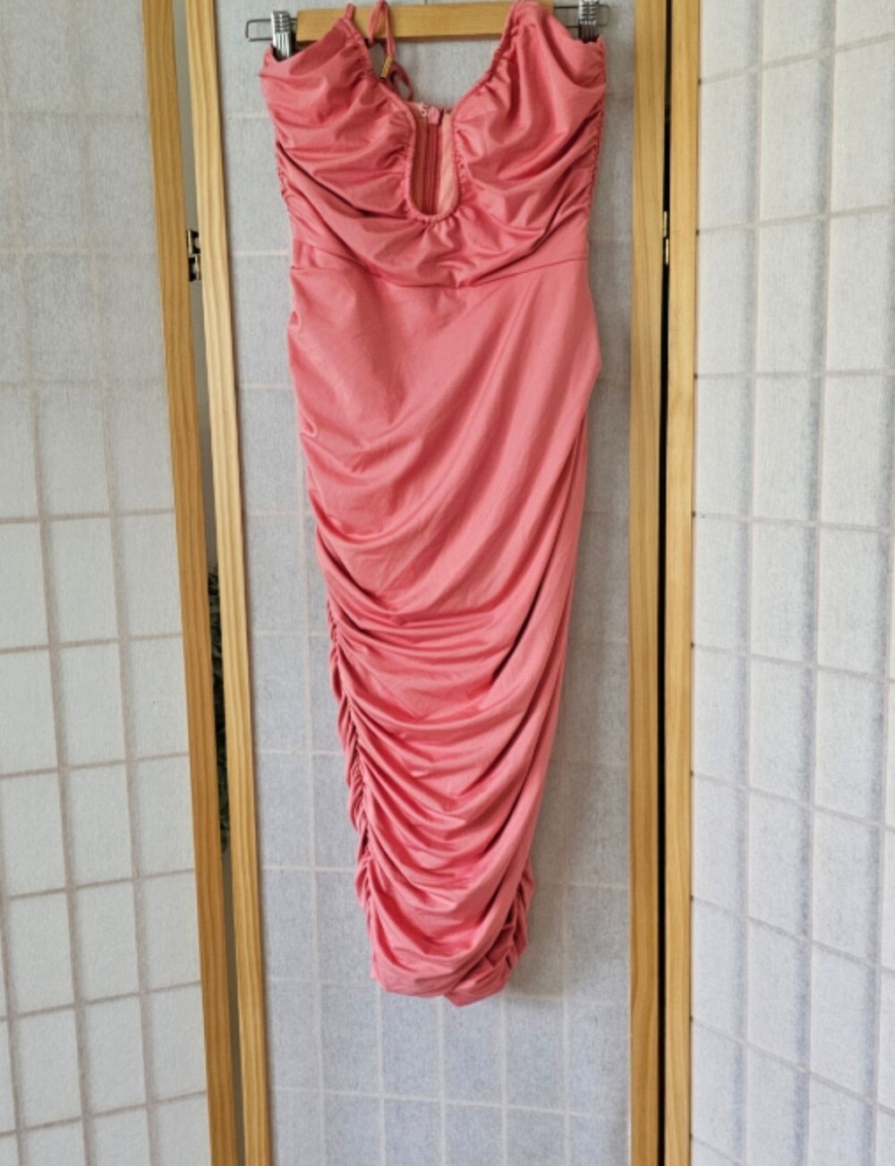 Rare London pink ruched bodycon midi dress.